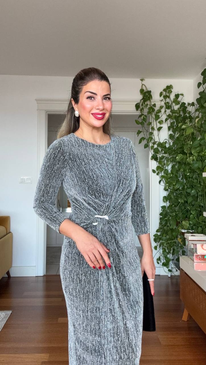 SHIMMERING WRAP DETAIL MIDI DRESS – SİLVER