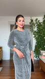 SHIMMERING WRAP DETAIL MIDI DRESS – SİLVER