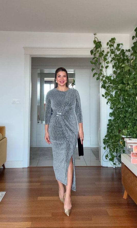 SHIMMERING WRAP DETAIL MIDI DRESS – SİLVER