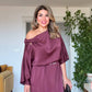 SATIN ASYMMETRICAL DRAPED DRESS – DEEP PLUM