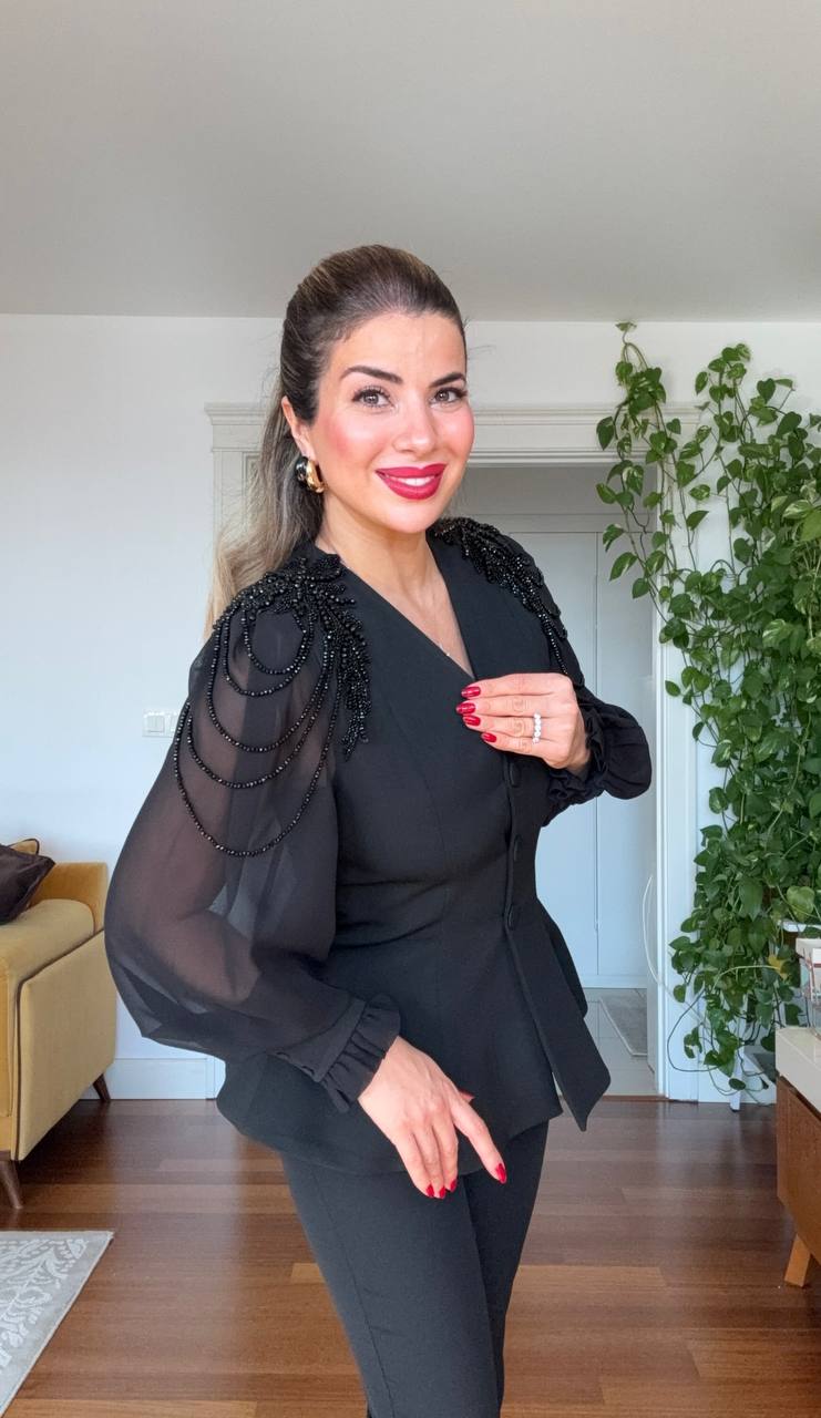 BEADED CHIFFON SLEEVE SUIT SET - BLACK