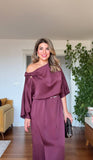 SATIN ASYMMETRICAL DRAPED DRESS – DEEP PLUM