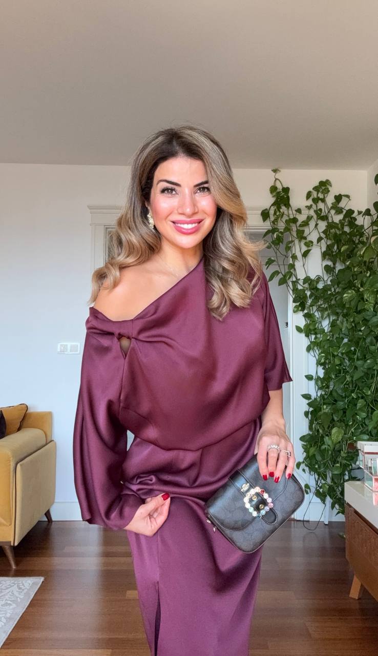 SATIN ASYMMETRICAL DRAPED DRESS – DEEP PLUM