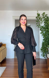 BEADED CHIFFON SLEEVE SUIT SET - BLACK