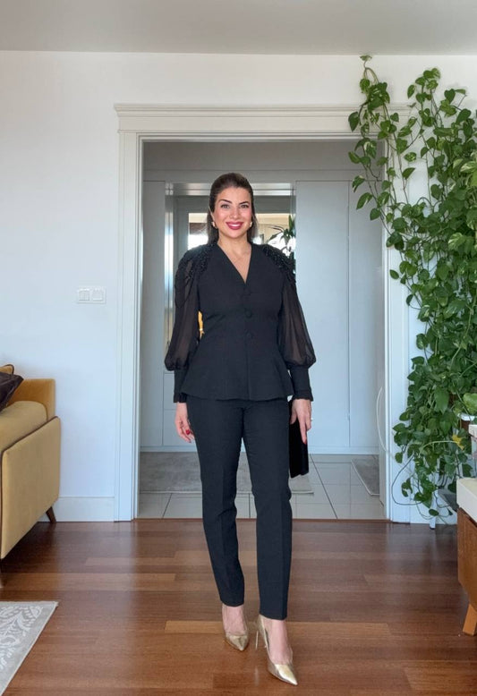 BEADED CHIFFON SLEEVE SUIT SET - BLACK