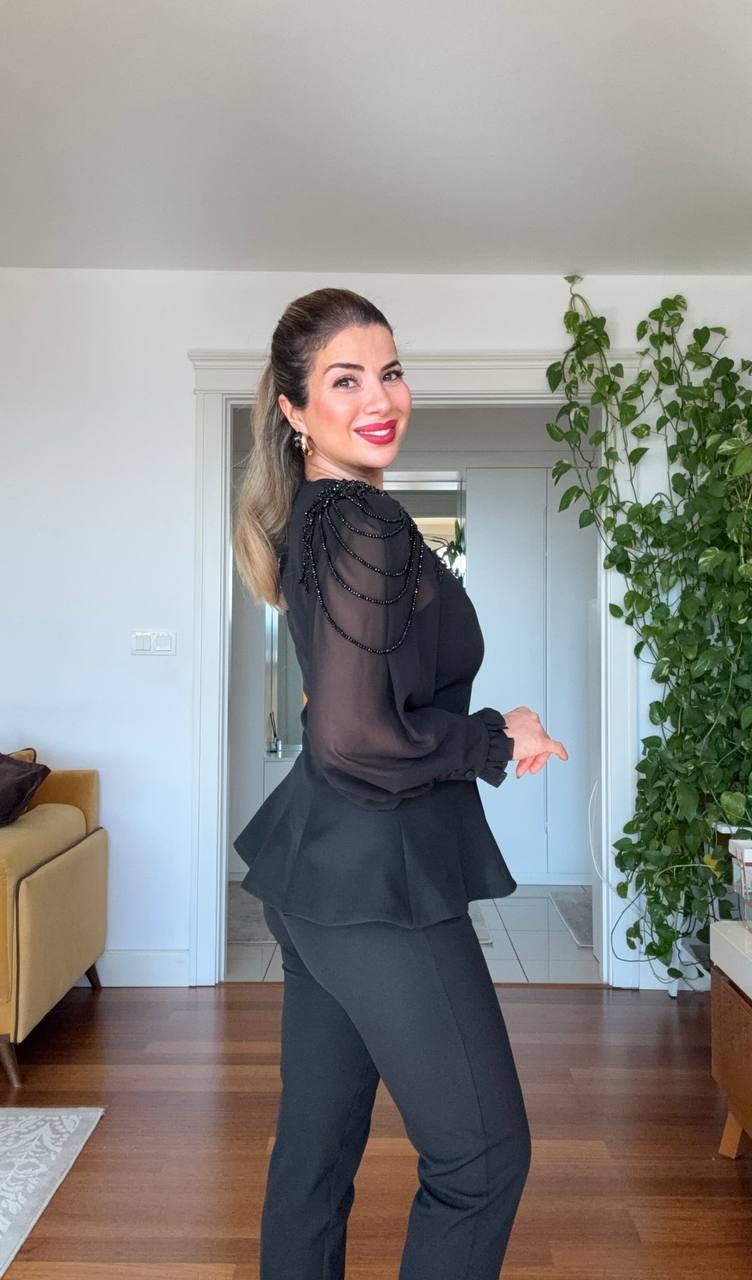 BEADED CHIFFON SLEEVE SUIT SET - BLACK