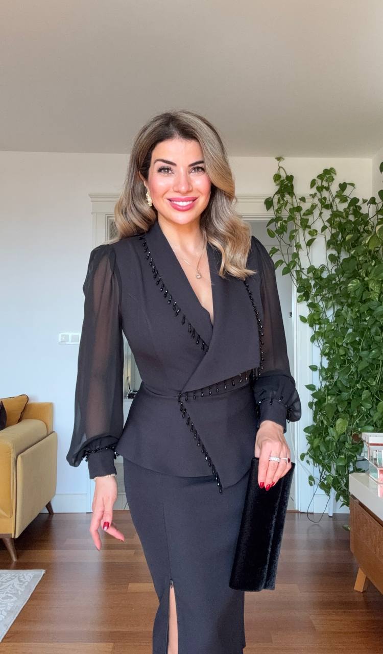 PEPLUM SKIRT SUIT WITH PEARL DETAIL AND CHIFFON SLEEVES – BLACK