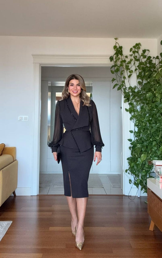 PEPLUM SKIRT SUIT WITH PEARL DETAIL AND CHIFFON SLEEVES – BLACK