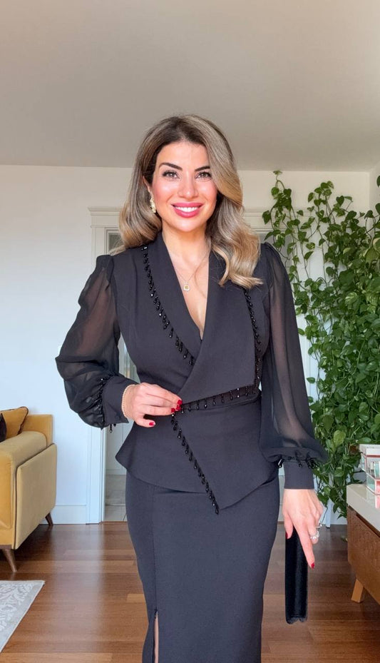 PEPLUM SKIRT SUIT WITH PEARL DETAIL AND CHIFFON SLEEVES – BLACK