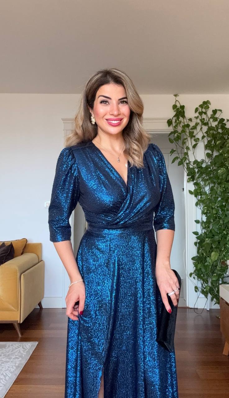 SEQUIN WRAP SHINY MIDI EVENING DRESS – BLUE