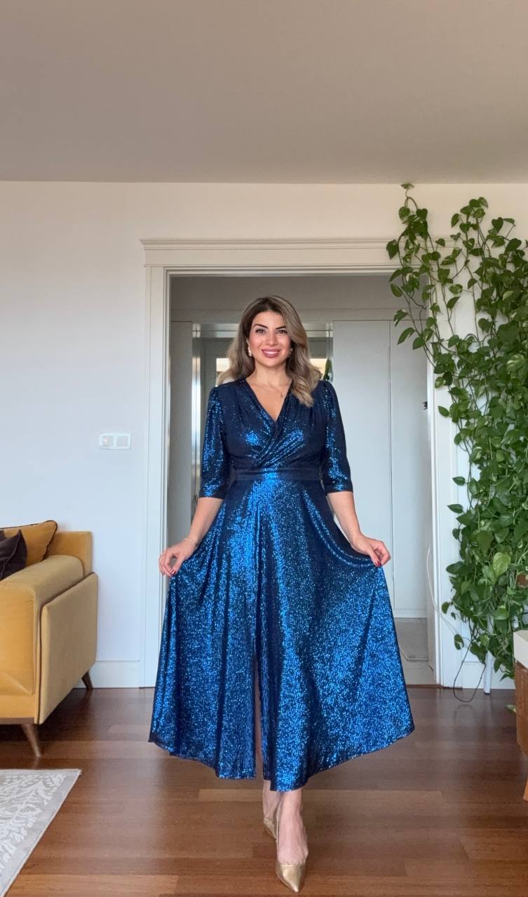 SEQUIN WRAP SHINY MIDI EVENING DRESS – BLUE