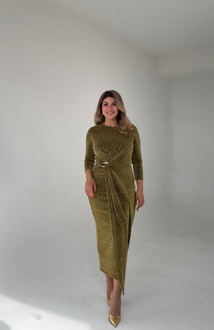 SHIMMERING WRAP DETAIL MIDI DRESS – KHAKİ