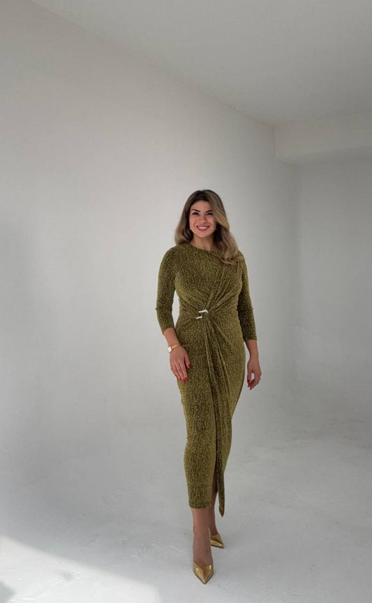 SHIMMERING WRAP DETAIL MIDI DRESS – KHAKİ