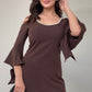 COLD SHOULDER MINI DRESS WITH CRYSTAL DETAIL AND FLARED SLEEVES – BROWN