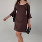 COLD SHOULDER MINI DRESS WITH CRYSTAL DETAIL AND FLARED SLEEVES – BROWN