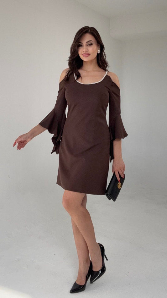 COLD SHOULDER MINI DRESS WITH CRYSTAL DETAIL AND FLARED SLEEVES – BROWN