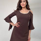 COLD SHOULDER MINI DRESS WITH CRYSTAL DETAIL AND FLARED SLEEVES – BROWN