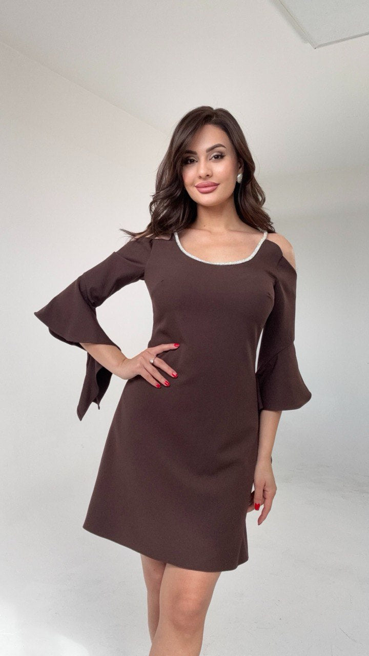 COLD SHOULDER MINI DRESS WITH CRYSTAL DETAIL AND FLARED SLEEVES – BROWN