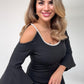 COLD SHOULDER MINI DRESS WITH CRYSTAL DETAIL AND FLARED SLEEVES – BLACK