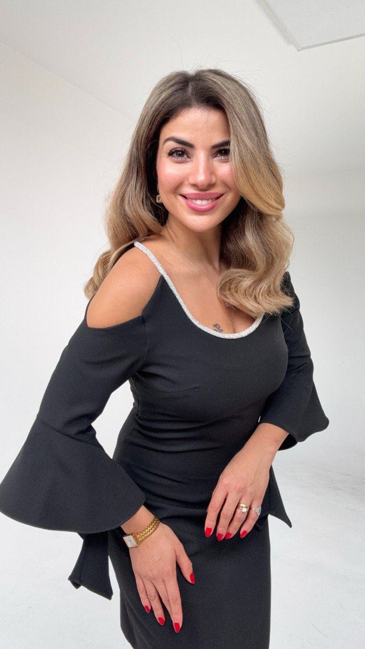 COLD SHOULDER MINI DRESS WITH CRYSTAL DETAIL AND FLARED SLEEVES – BLACK