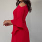 COLD SHOULDER MINI DRESS WITH CRYSTAL DETAIL AND FLARED SLEEVES – RED