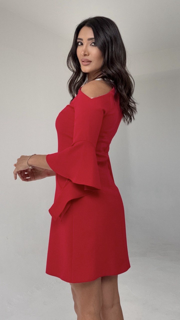 COLD SHOULDER MINI DRESS WITH CRYSTAL DETAIL AND FLARED SLEEVES – RED