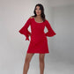 COLD SHOULDER MINI DRESS WITH CRYSTAL DETAIL AND FLARED SLEEVES – RED