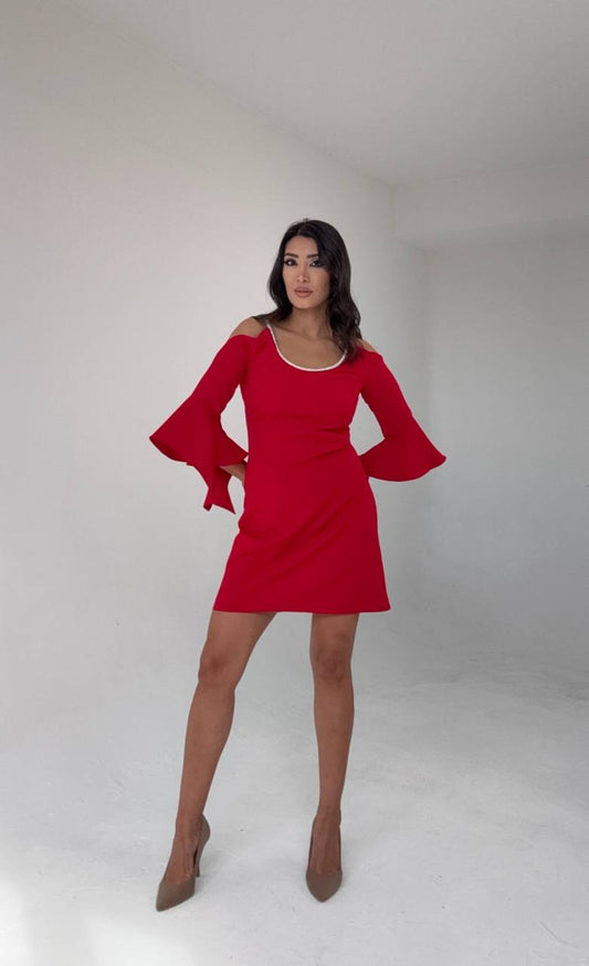 COLD SHOULDER MINI DRESS WITH CRYSTAL DETAIL AND FLARED SLEEVES – RED
