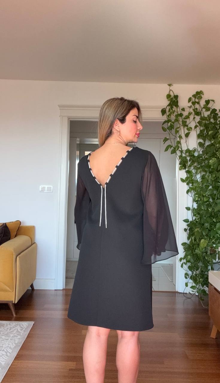 MIDI DRESS WITH ZIRCON DETAILS AND CHIFFON SLEEVES – BLACK