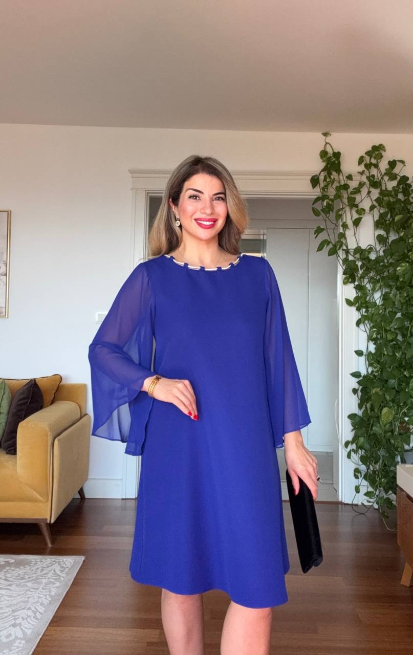 MIDI DRESS WITH ZIRCON DETAILS AND CHIFFON SLEEVES – ROYAL BLUE