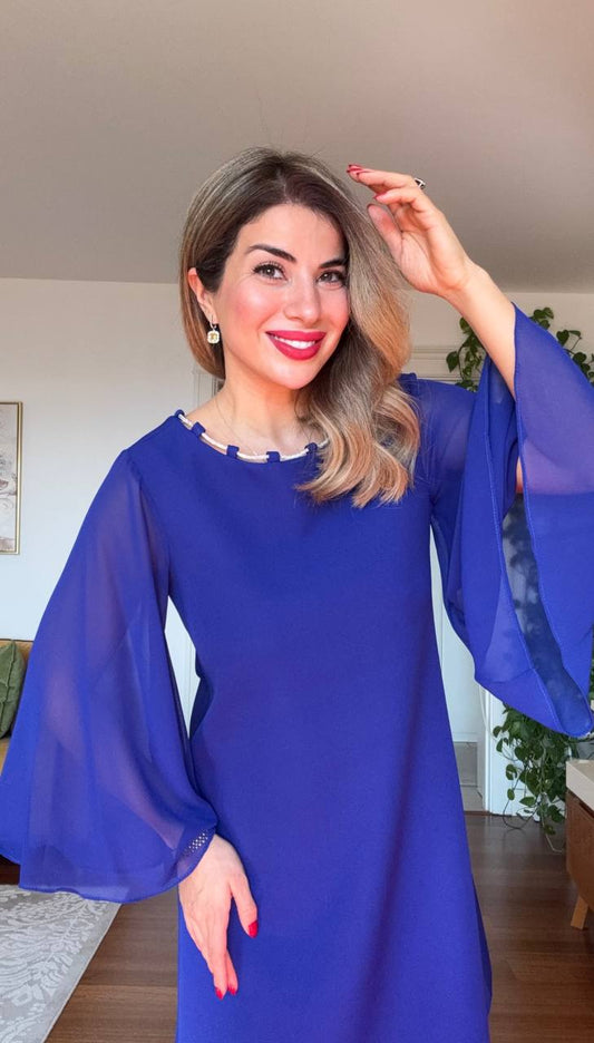 MIDI DRESS WITH ZIRCON DETAILS AND CHIFFON SLEEVES – ROYAL BLUE
