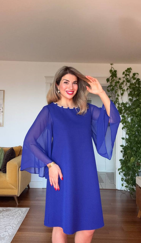 MIDI DRESS WITH ZIRCON DETAILS AND CHIFFON SLEEVES – ROYAL BLUE