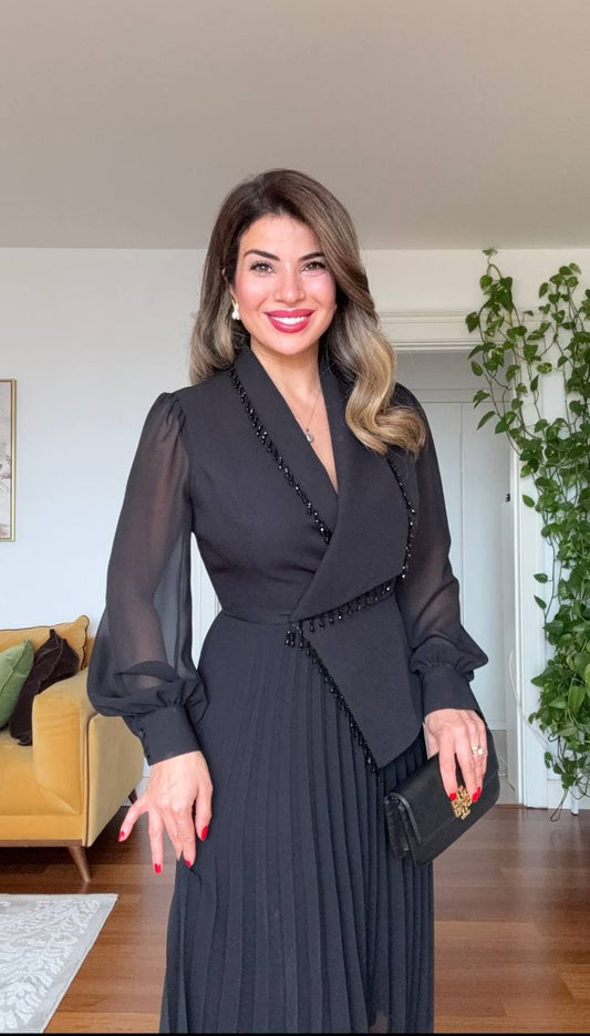 MESH SLEEVE BEADED PLEATED DRESS – BLACK