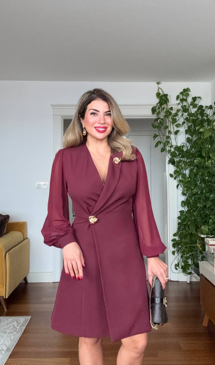 CROSS COLLAR DRESS - BURGUNDY