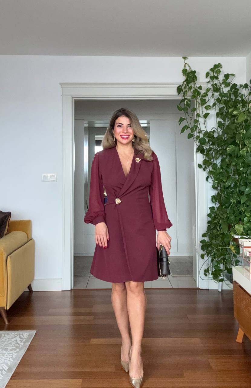 CROSS COLLAR DRESS - BURGUNDY