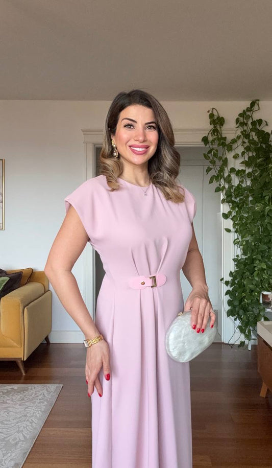 GOLD BUCKLE DETAIL WAIST ACCENT SHORT SLEEVE MIDI DRESS – POWDER