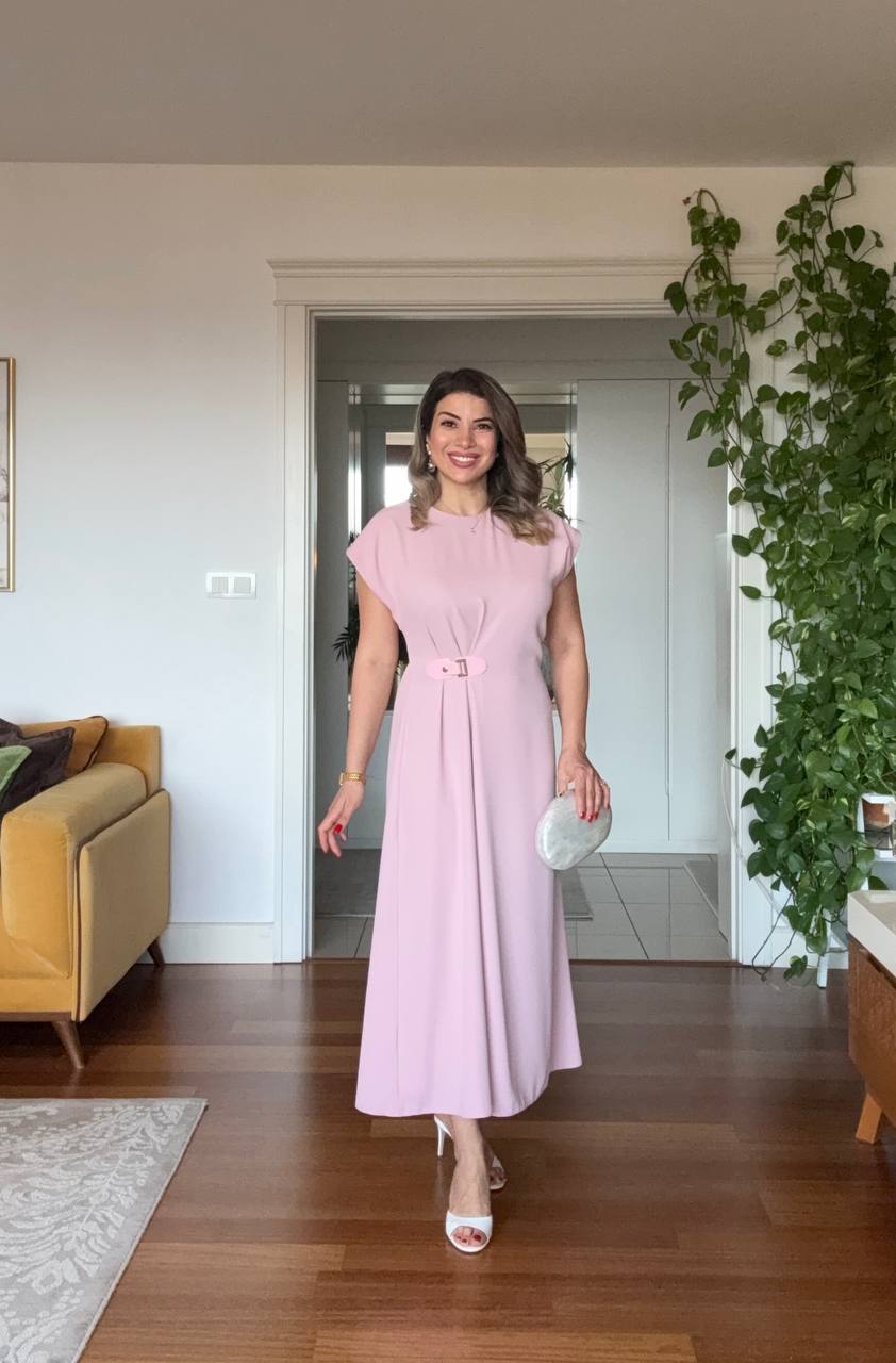 GOLD BUCKLE DETAIL WAIST ACCENT SHORT SLEEVE MIDI DRESS – POWDER