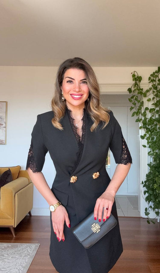 LACE-DETAILED DOUBLE-BREASTED BLAZER DRESS - BLACK
