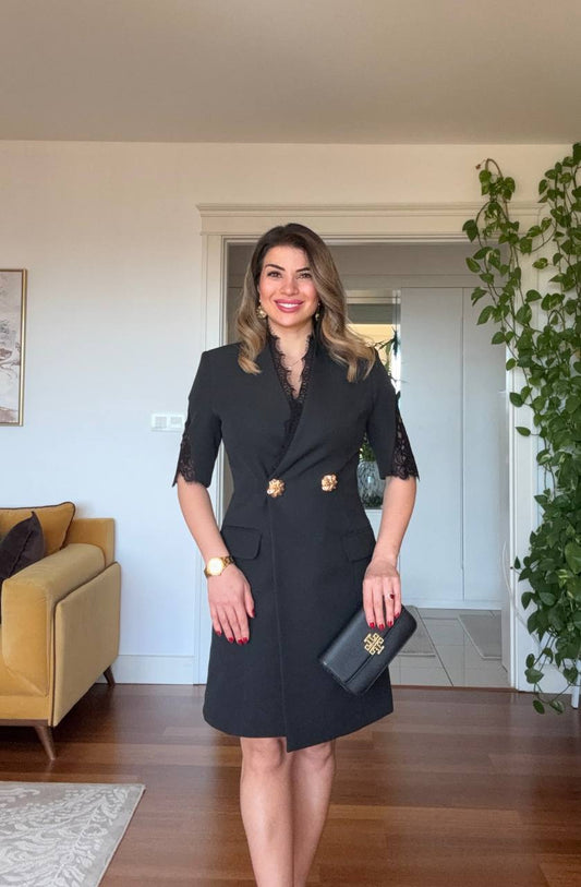 LACE-DETAILED DOUBLE-BREASTED BLAZER DRESS - BLACK