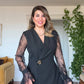 GUIPURE LACE DETAILED DOUBLE-BREASTED CHIC SET - BLACK
