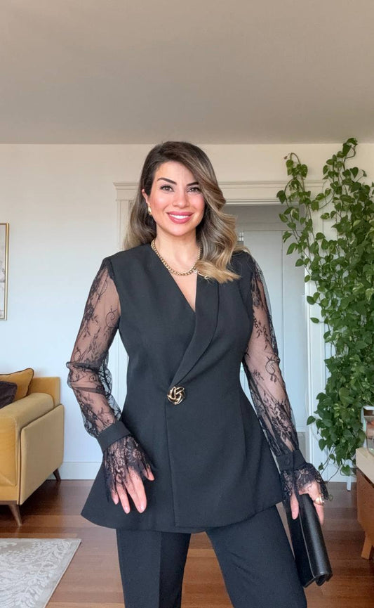 GUIPURE LACE DETAILED DOUBLE-BREASTED CHIC SET - BLACK