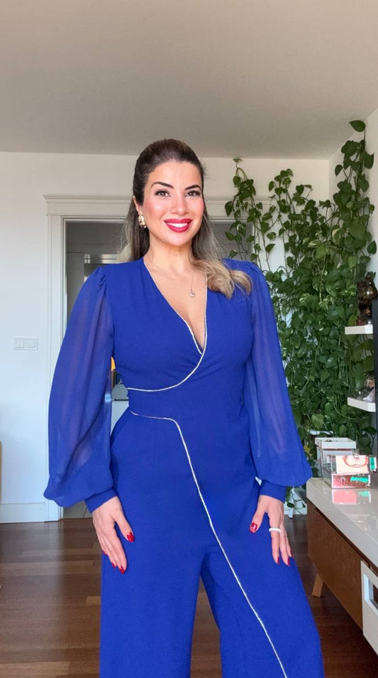JUMPSUIT WITH CHIFFON SLEEVES AND STONE DETAIL - BLUE