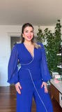 JUMPSUIT WITH CHIFFON SLEEVES AND STONE DETAIL - BLUE