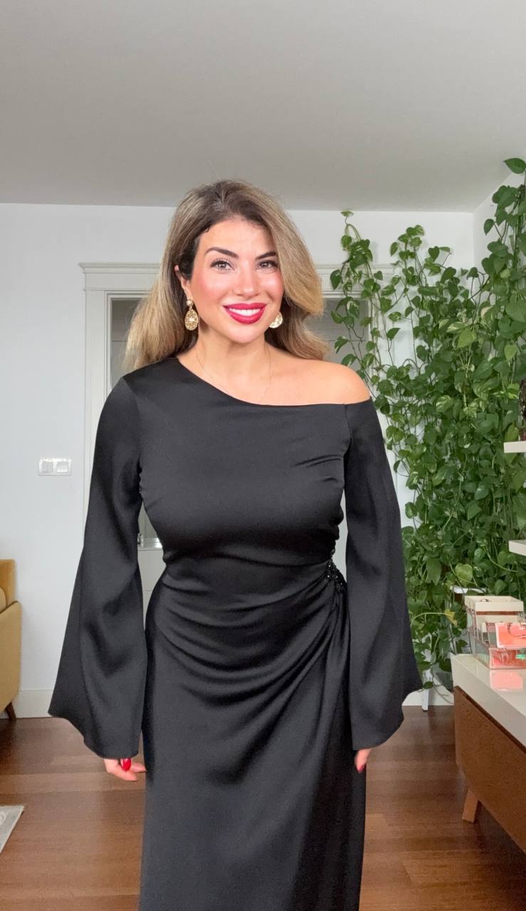 ONE-SHOULDER BEADED SATIN DRESS - BLACK