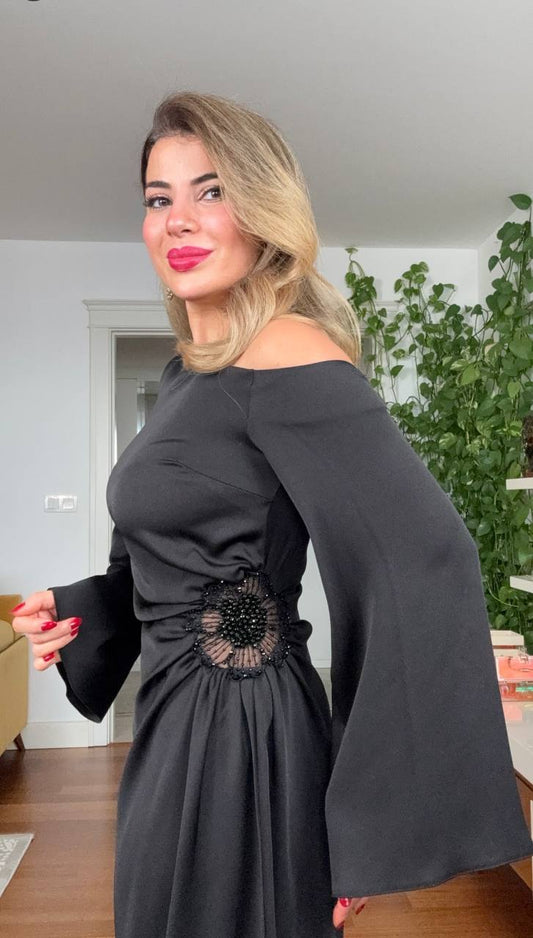 ONE-SHOULDER BEADED SATIN DRESS - BLACK