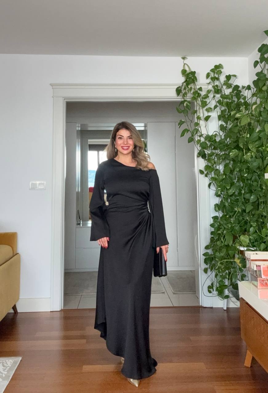 ONE-SHOULDER BEADED SATIN DRESS - BLACK