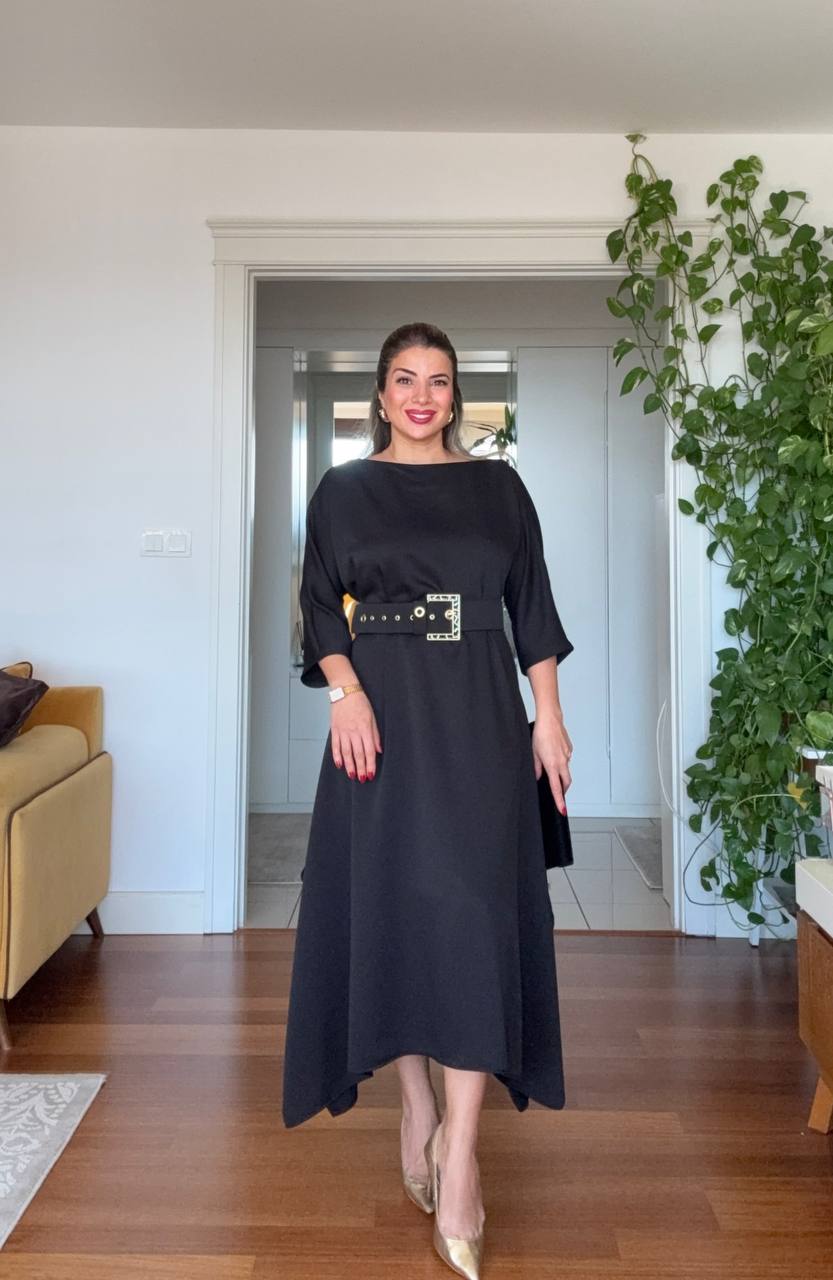 OVERSIZED BELTED MIDI DRESS – SİYAH