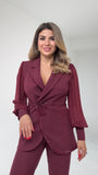 STONE-EMBELLISHED CHIFFON SLEEVE SUIT BORDEAUX