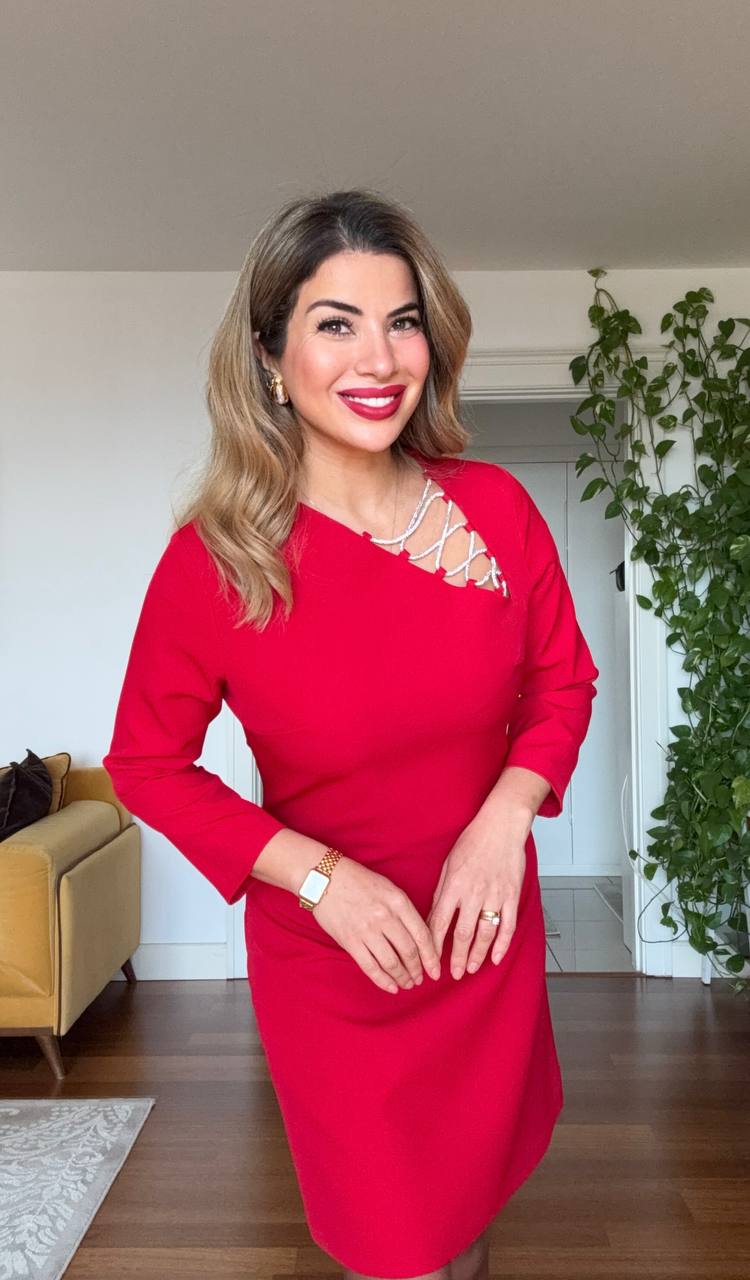 ASYMMETRIC NECKLINE CRYSTAL DETAILED DRESS - RED