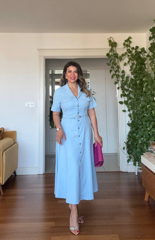 BELTED BUTTON-DOWN MIDI SHIRT DRESS - BABY BLUE